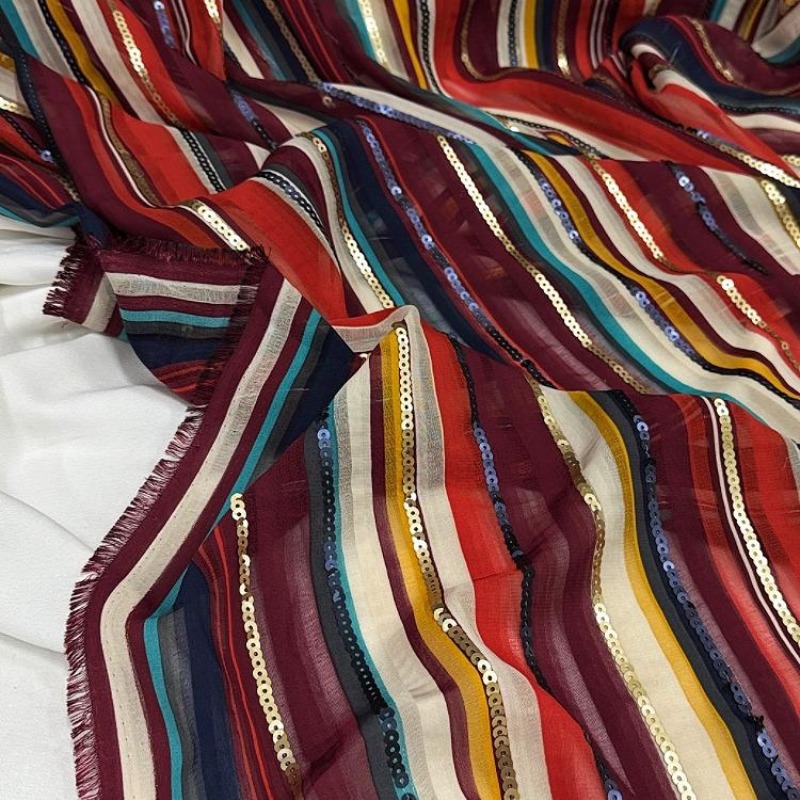 Ethnic Fashion Designer - カラフルなストライプ刺繍スパンコール生地エスニックスタイルシャツドレスファッション衣料品デザイナー生地 DIY縫製用布