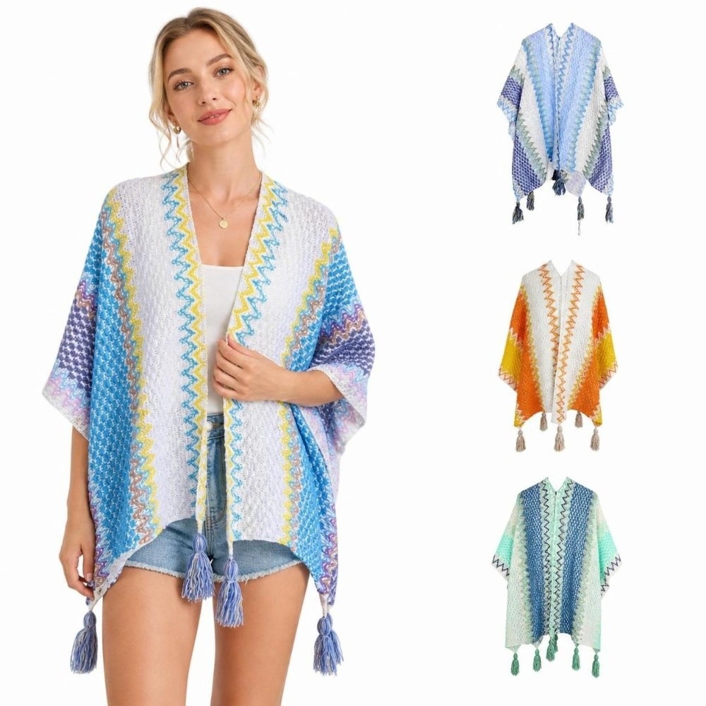 Ethnic Fashion Wear - レトロなストライプ柄のニットポンチョ、オーバーサイズのロングタッセル付きニットショール、エスニックプリント、暖かく、前開きのポンチョ、旅行用。