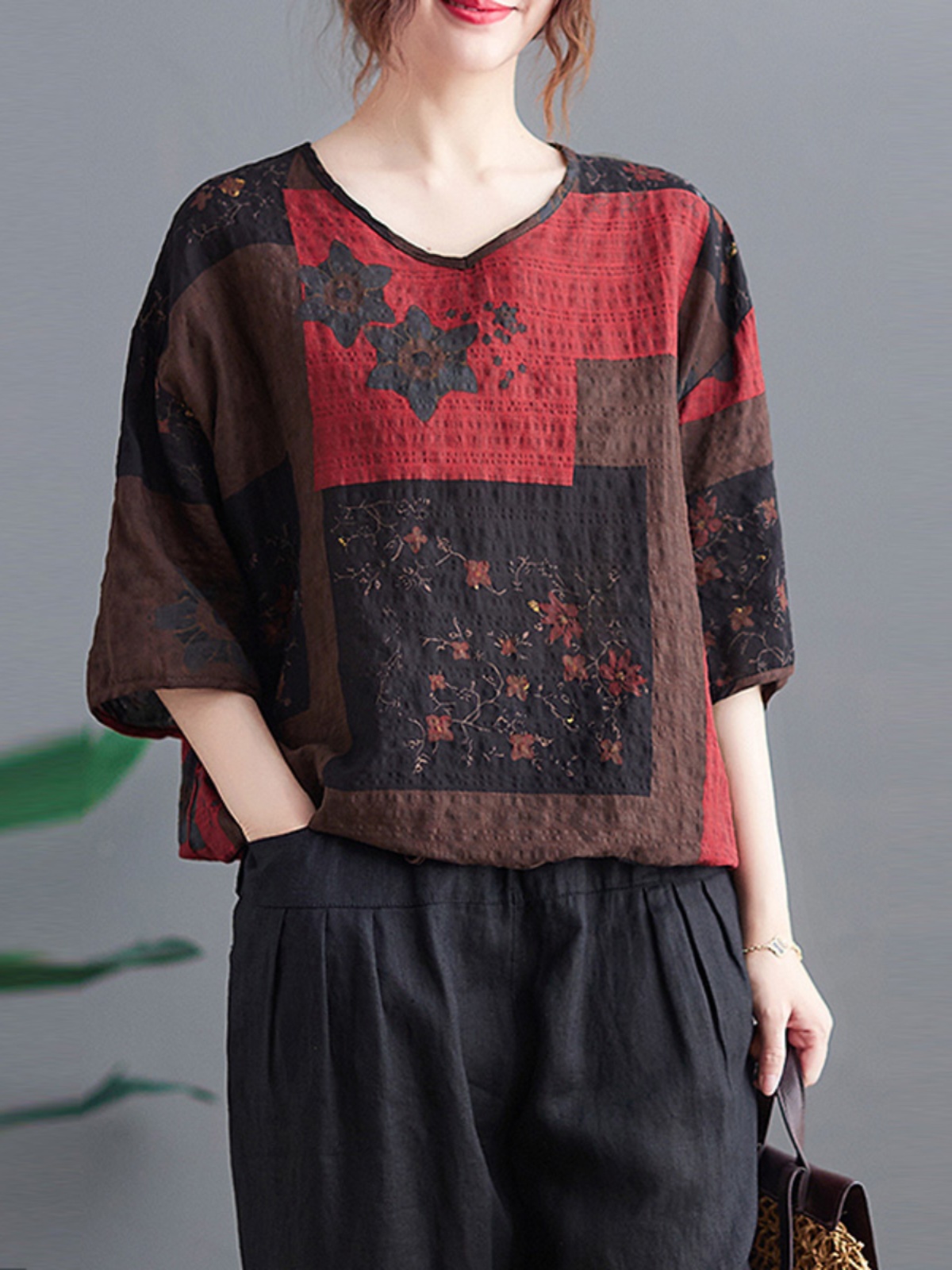 Ethnic Fashion Wear - 軽量コットンリネン V ネック Tシャツエスニックスタイルルーズフィット半袖トップママのための夏のファッションママウェア