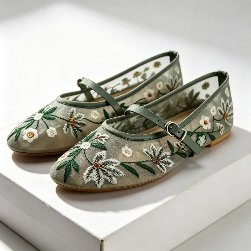 Ethnic Fashion Designer - メッシュ刺繍レジャーバレエフラット女性通気性ブランドサンダル女性のコンフォートファッションドレスシューズレディースメリージェーン靴