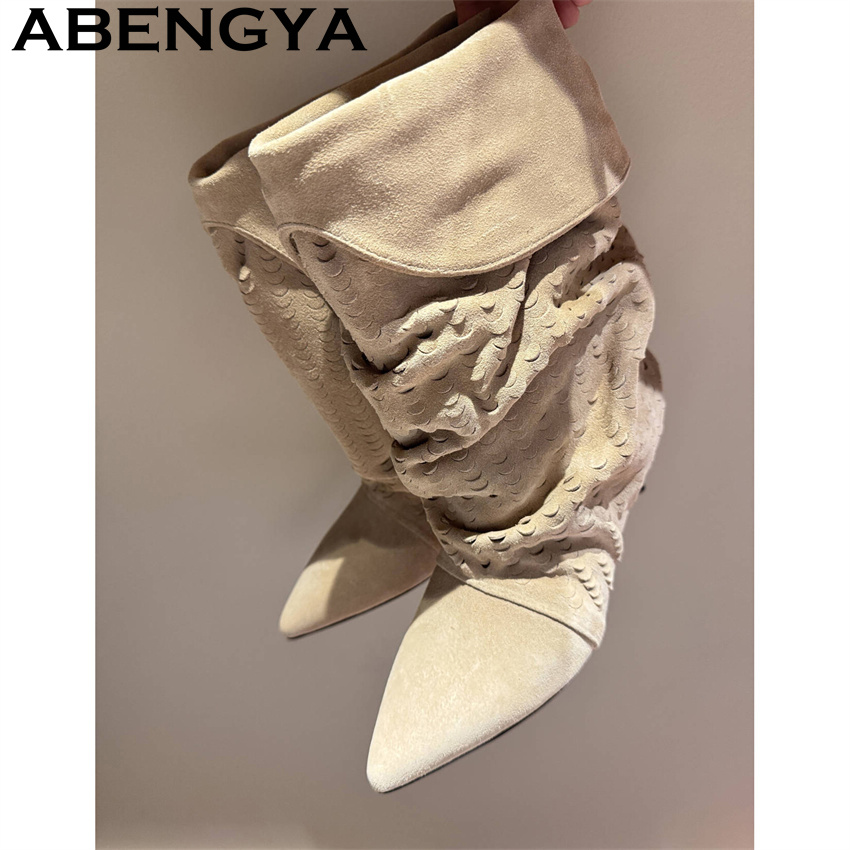 Ethnic Fashion For Women - レディースミッドカーフショートブーツ 2026冬新作 ポインテッドトゥ ウェスタンファッション スタックブーツ キトゥンヒール