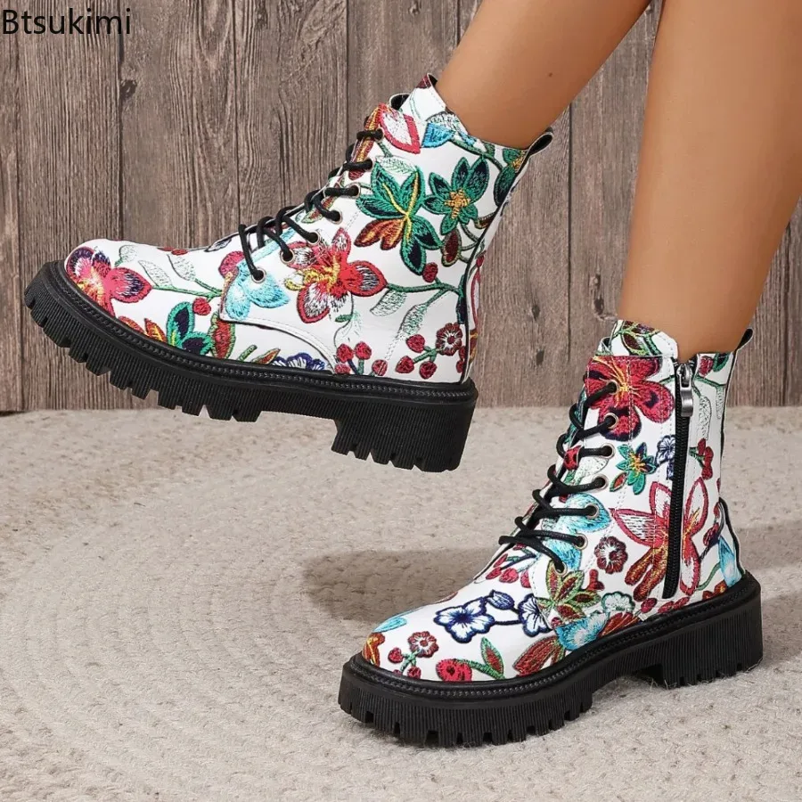 Ethnic Fashion For Ladies - 新作ファッション、レディースブーツ、サイドジッパー付き、厚底、ブリティッシュスタイル、レトロなアンクルブーツ、花柄プリント、ストリートファッションに合う、多用途なレディースシューズ。