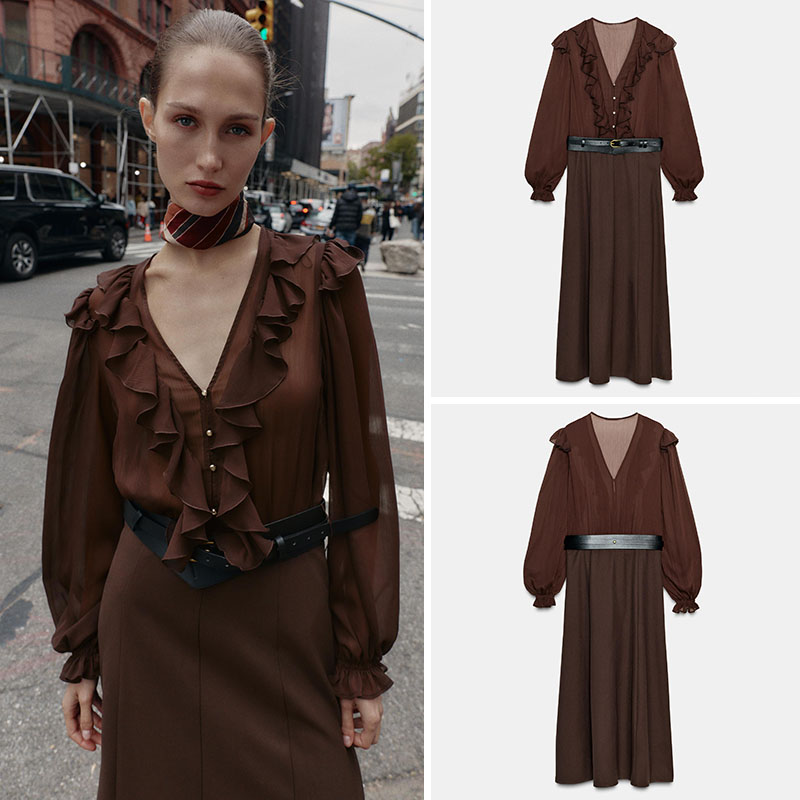 Ethnic Fashion Wear - エレガントなVネック長袖ミディ丈ワンピース 新作秋レディースファッション ベルト付きワンピース ステージ衣装 エスニックウェア 若い女性向け