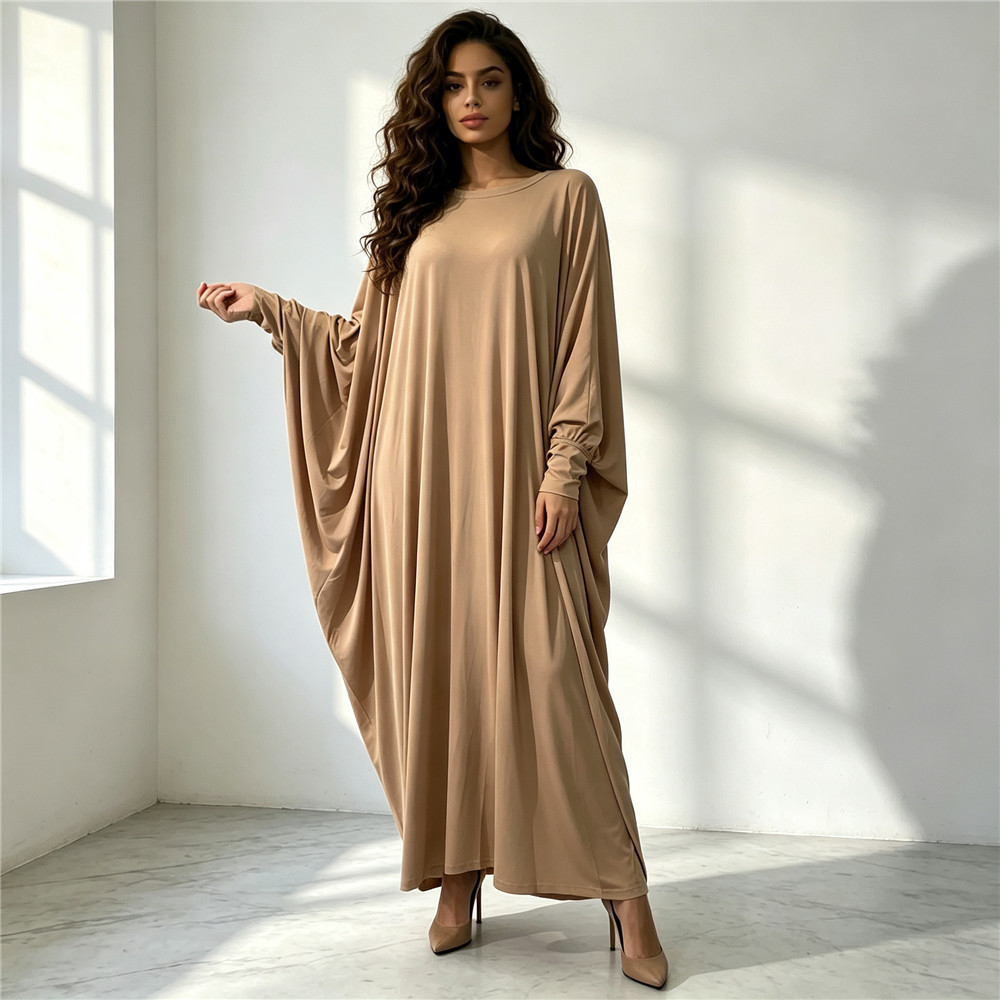 Abaya Modest Wear - 無地バットウィングスリーブムスリムアバヤロングマキシドレス 控えめなドバイイスラムレディースカフタン衣装 ラマダン普段着ドバイガウン