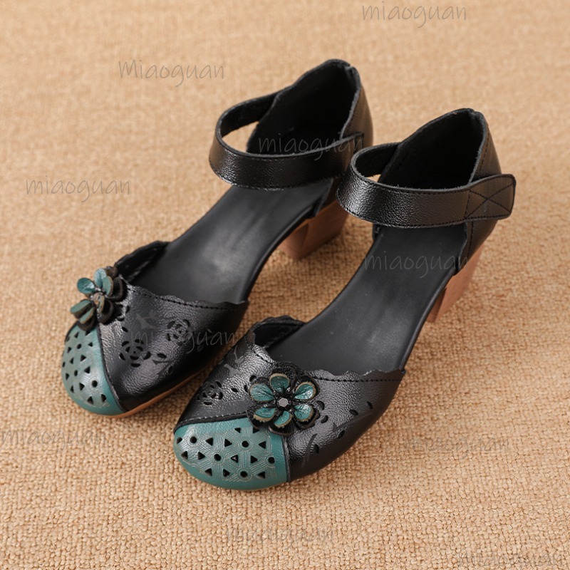 Ethnic Fashion For Women - 中空カバートゥグラディエーターサンダル花柄装飾アンクルストラップブロックヒールサンダル快適なレトロエスニックシューズ Zapatos Mujer