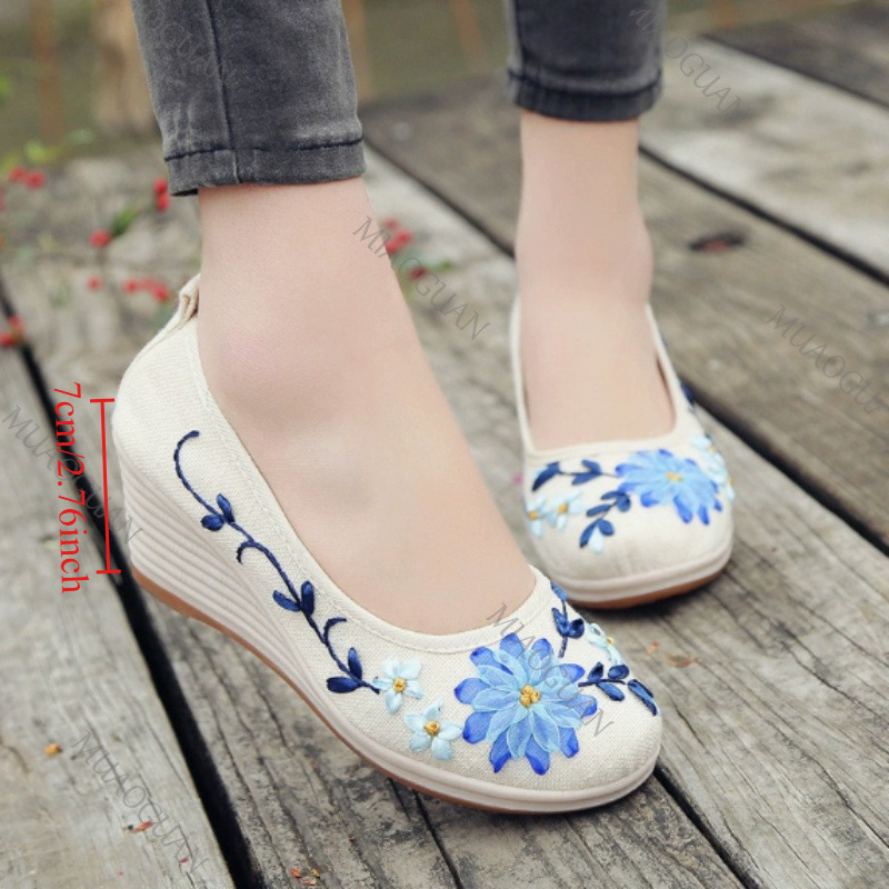 Ethnic Fashion For Women - 刺繍入り女性用コンフォートウェッジプラットフォームシューズ、ファッションボウノットレディースハイヒールパンプス、ヴィンテージエスニック女性用ヒール付きフットウェア