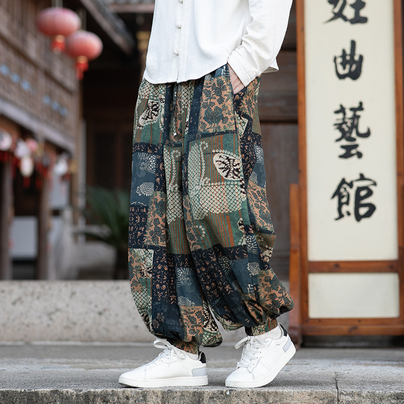 Ethnic Fashion Wear - メンズ 中国風 オーバーサイズ ハーレムパンツ エスニック柄 イージーウエスト