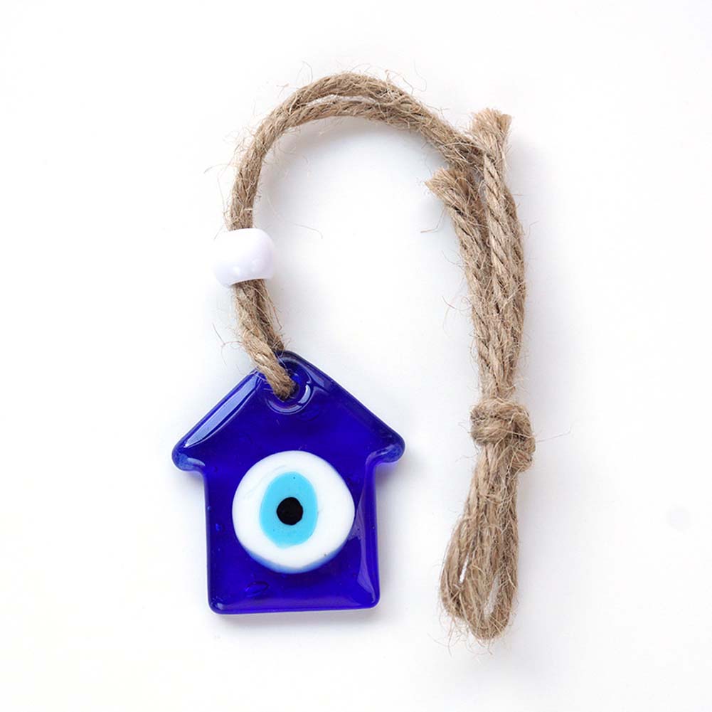 Ethnic Fashion House - トルコ邪視除けの家の形をしたガラス製吊り下げ飾り、手作りのジュートロープペンダント、ナザールボンジュクチャーム、家の装飾、幸運の飾り