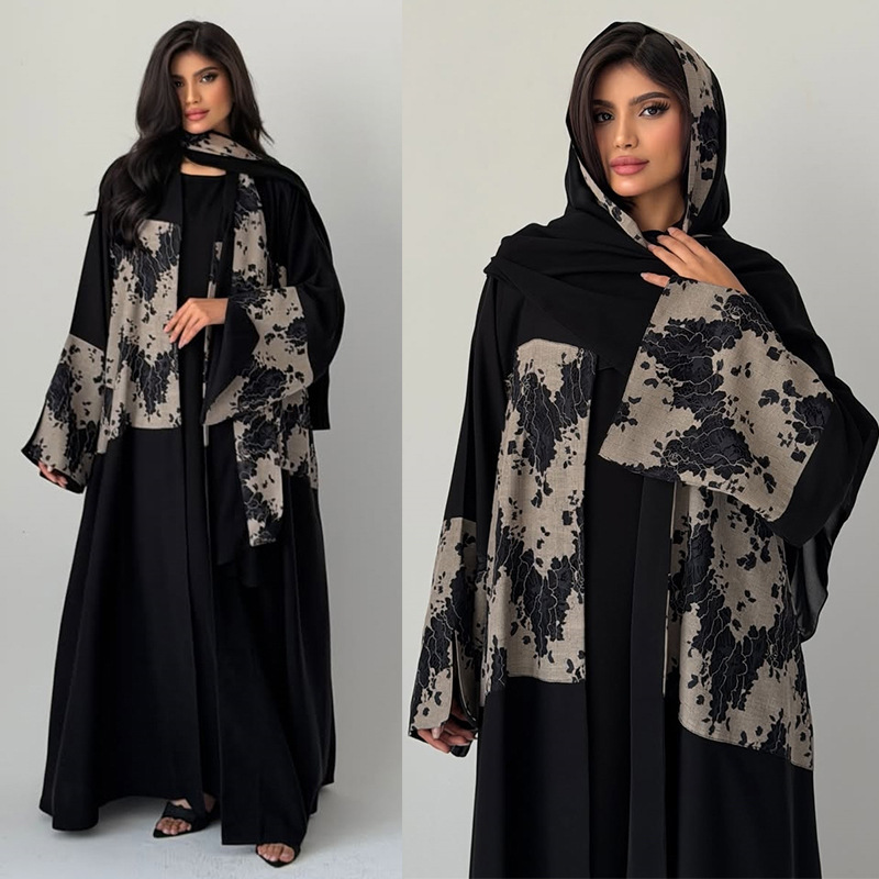 Jalabiya Women Arabic - 女性用イード・アバヤ・ヒジャブ2ピースセット、レースオープンワンピース、スカーフ、パッチワーク・ジャラビーヤ、ドバイ・ムスリム・カフタン・カーディガン、ラマダン、モロッコ、アラブ