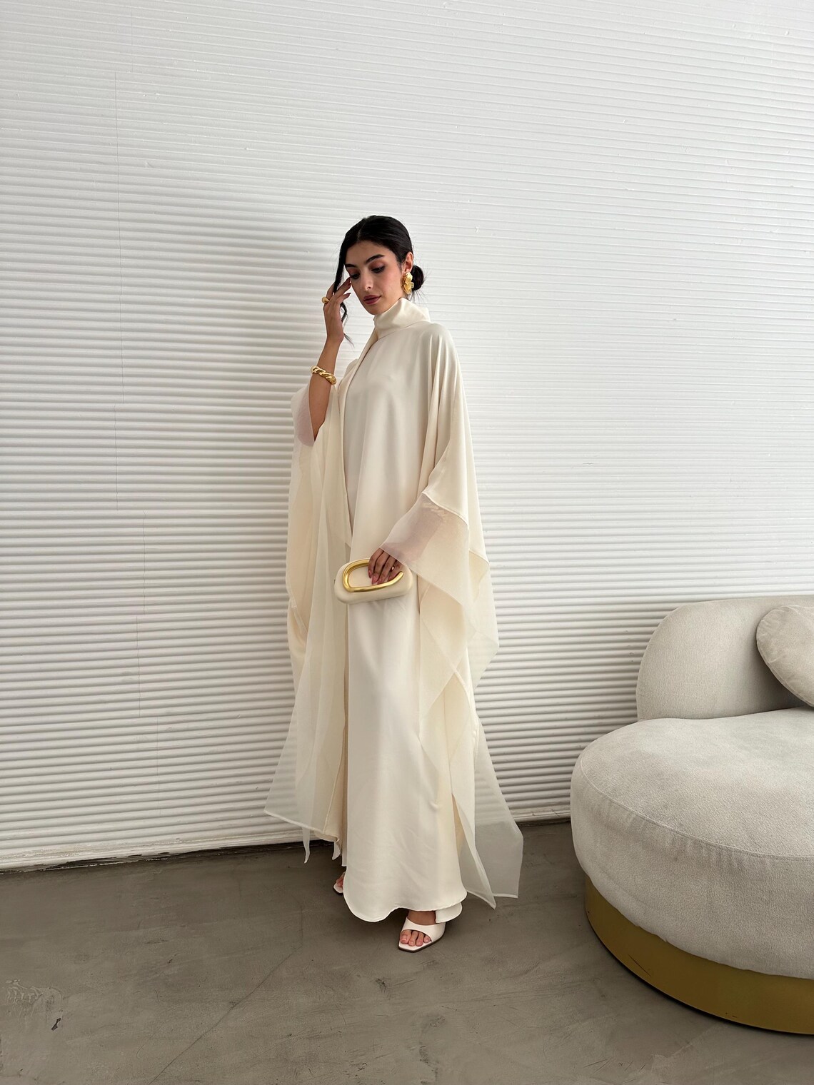 Abaya Modest Wear - ムスリム女性用アバヤ、ハイネックタイ付きシフォンフレアスリーブ、ロングマキシドレス、エレガントなドバイ風イスラム教徒向け控えめなイブニングパーティガウン