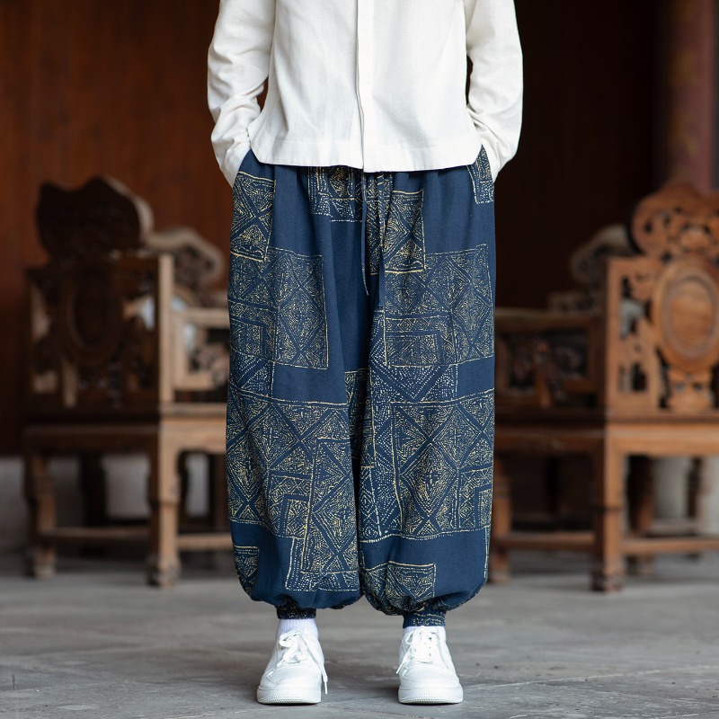Ethnic Fashion Wear - メンズ ハーレムパンツ 中国風 薄手 エスニック柄 パッチワークプリント