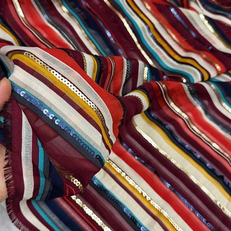 カラフルなストライプ刺繍スパンコール生地エスニックスタイルシ - Ethnic Fashion Designer のレビューと価格