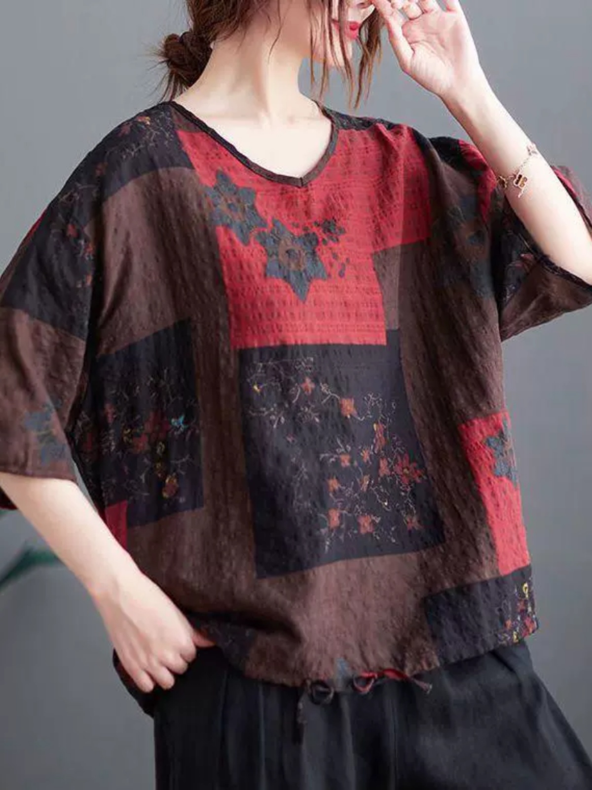 軽量コットンリネン V ネック Tシャツエスニックスタイルル - Ethnic Fashion Wear のレビューと価格