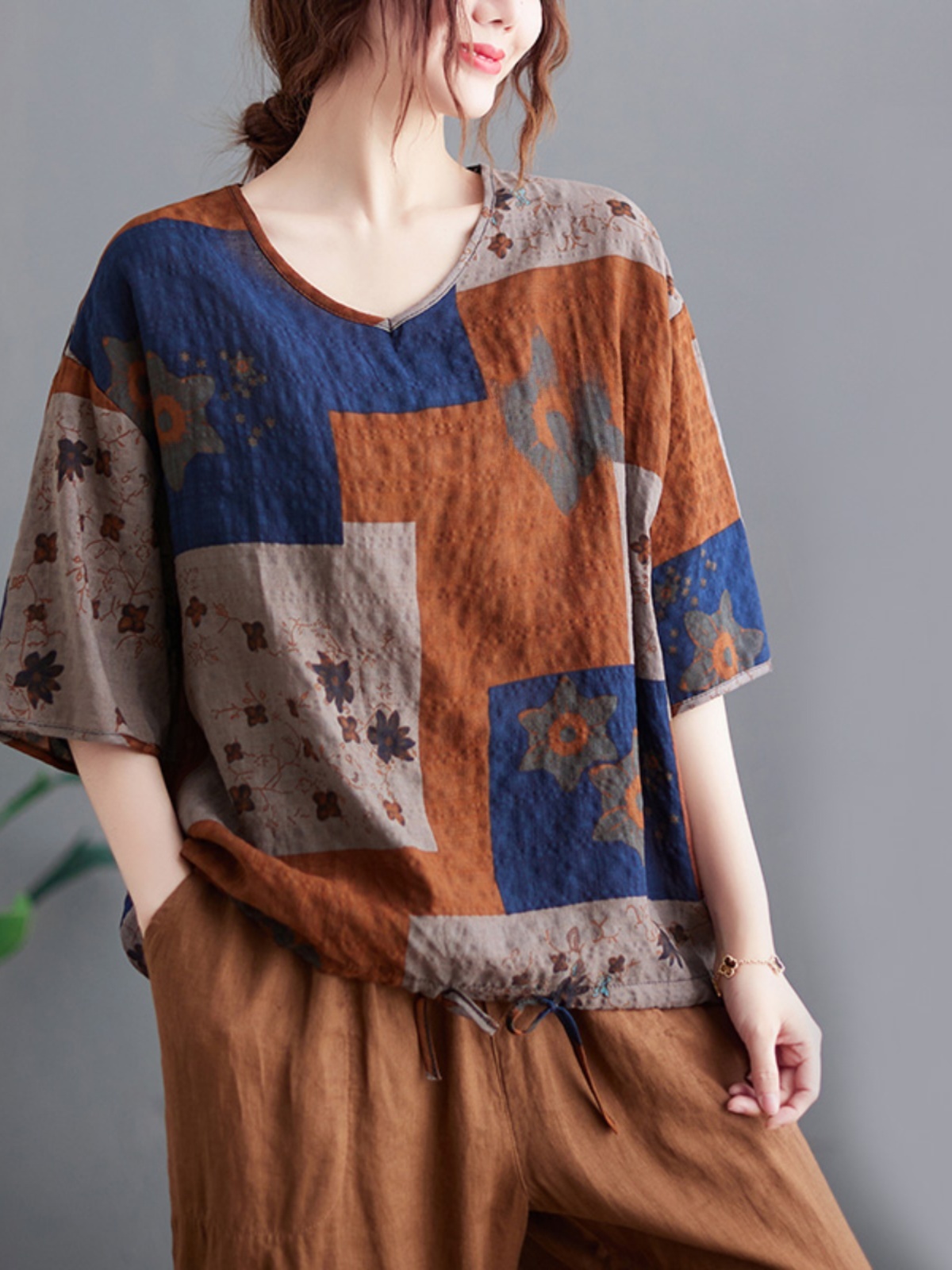 軽量コットンリネン V ネック Tシャツエスニックスタイルル - Ethnic Fashion Wear のレビューと価格