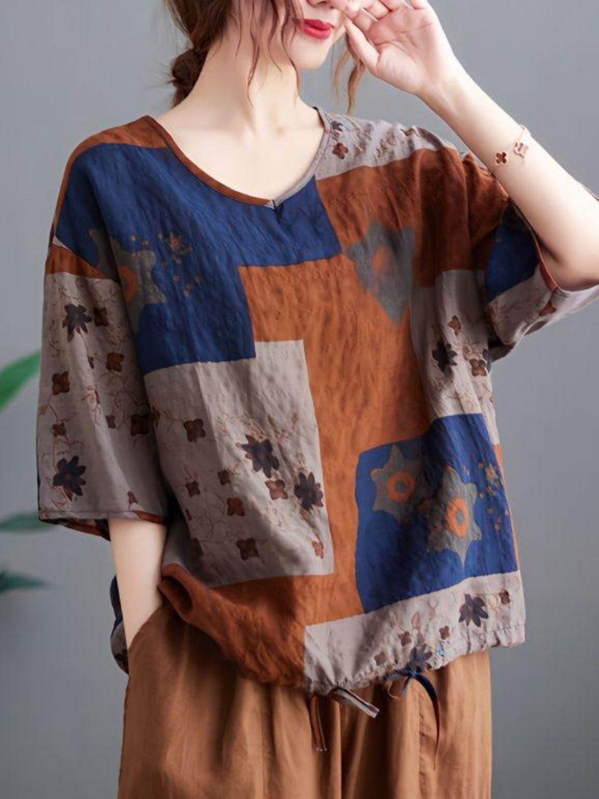 軽量コットンリネン V ネック Tシャツエスニックスタイルル - Ethnic Fashion Wear のレビューと価格