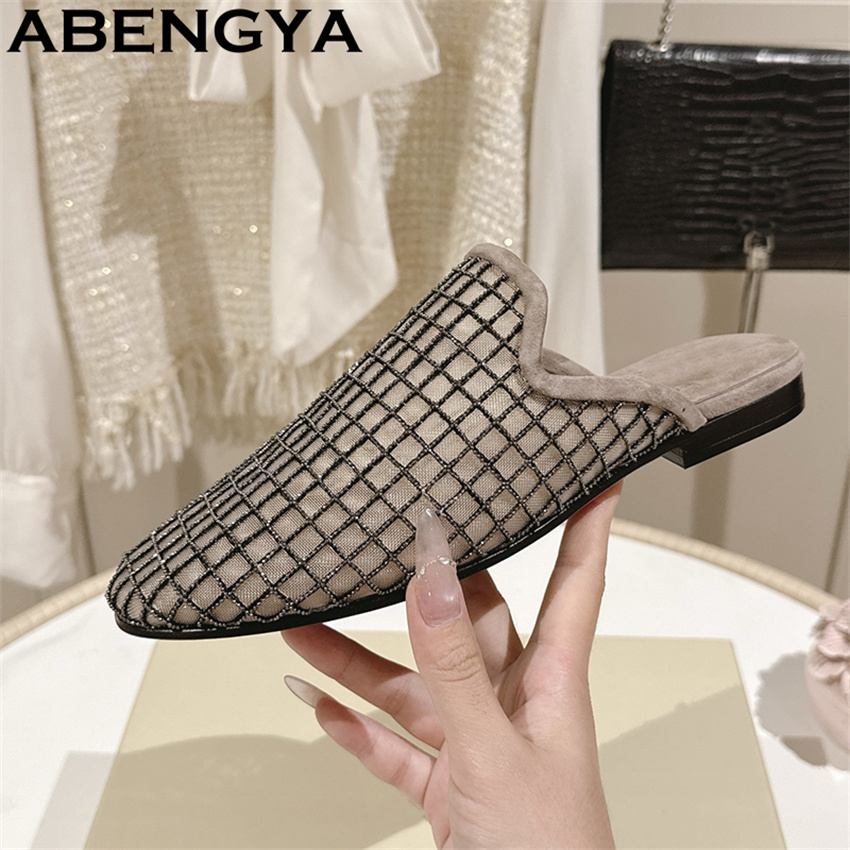 光沢のあるレースメッシュラウンドトゥフラットスリッパ レディ - Ethnic Fashion For Women のレビューと価格