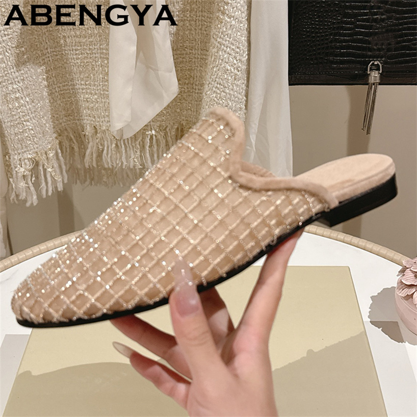 光沢のあるレースメッシュラウンドトゥフラットスリッパ レディ - Ethnic Fashion For Women のレビューと価格