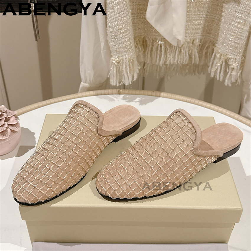 光沢のあるレースメッシュラウンドトゥフラットスリッパ レディ - Ethnic Fashion For Women のレビューと価格