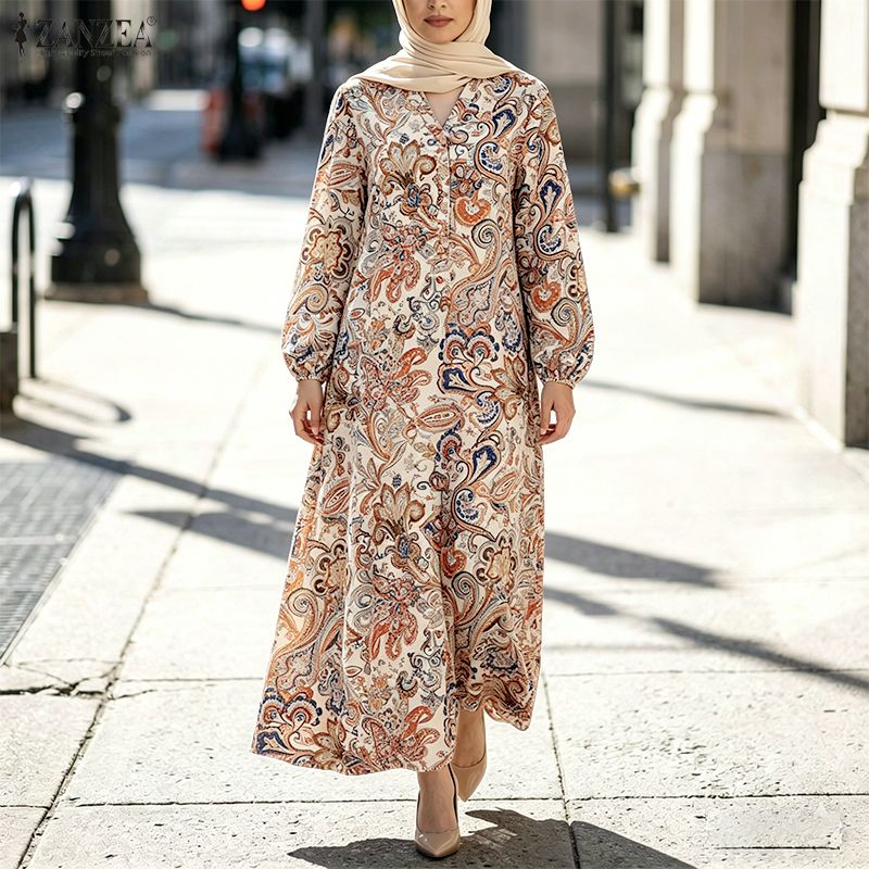 ZANZEA 女性休暇用ペイズリープリントマキシドレスイスラ - Abaya Modest Wear のレビューと価格