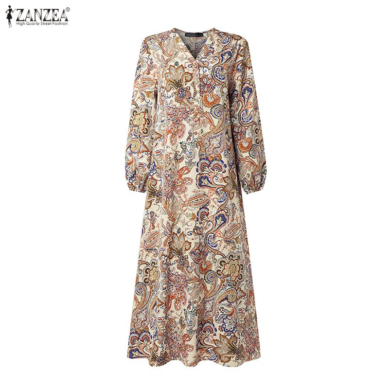 ZANZEA 女性休暇用ペイズリープリントマキシドレスイスラ - Abaya Modest Wear のレビューと価格