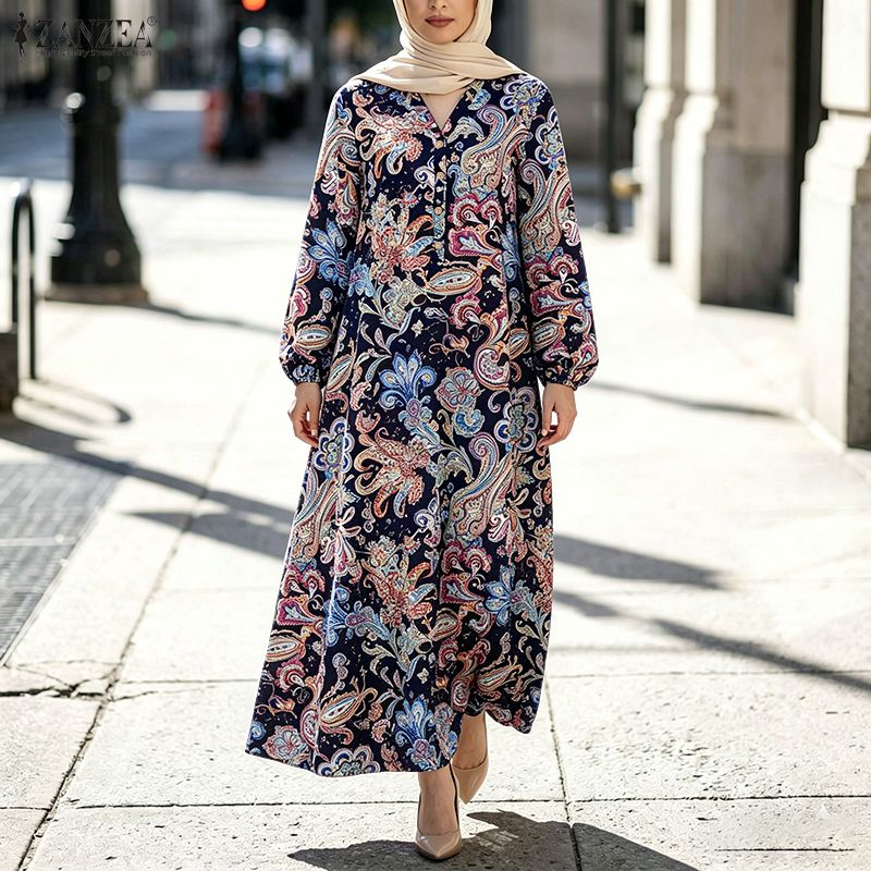 ZANZEA 女性休暇用ペイズリープリントマキシドレスイスラ - Abaya Modest Wear のレビューと価格