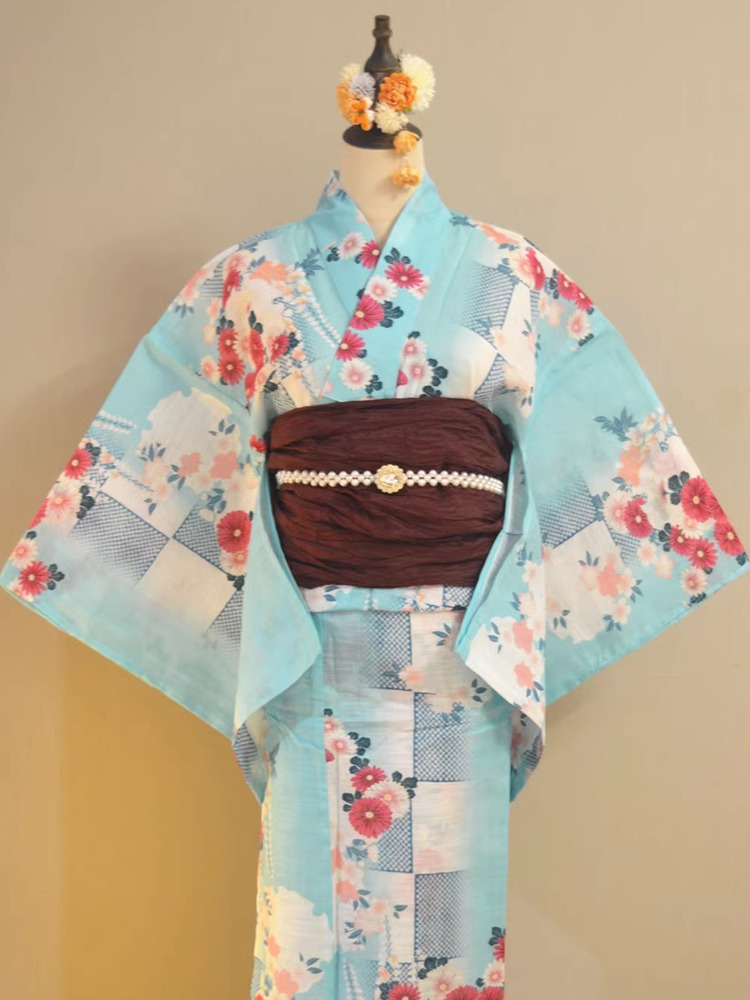 伝統的な浴衣着物綿麻素材ガールズドレス格子柄藤の花夏のファッ - Ethnic Fashion Girls のレビューと価格