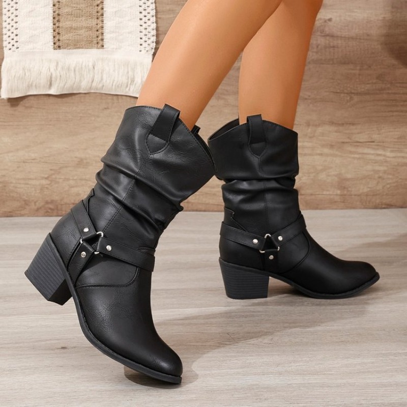 レディースミッドカーフブーツ レトロ スタックド ショートブ - Ethnic Fashion For Women のレビューと価格