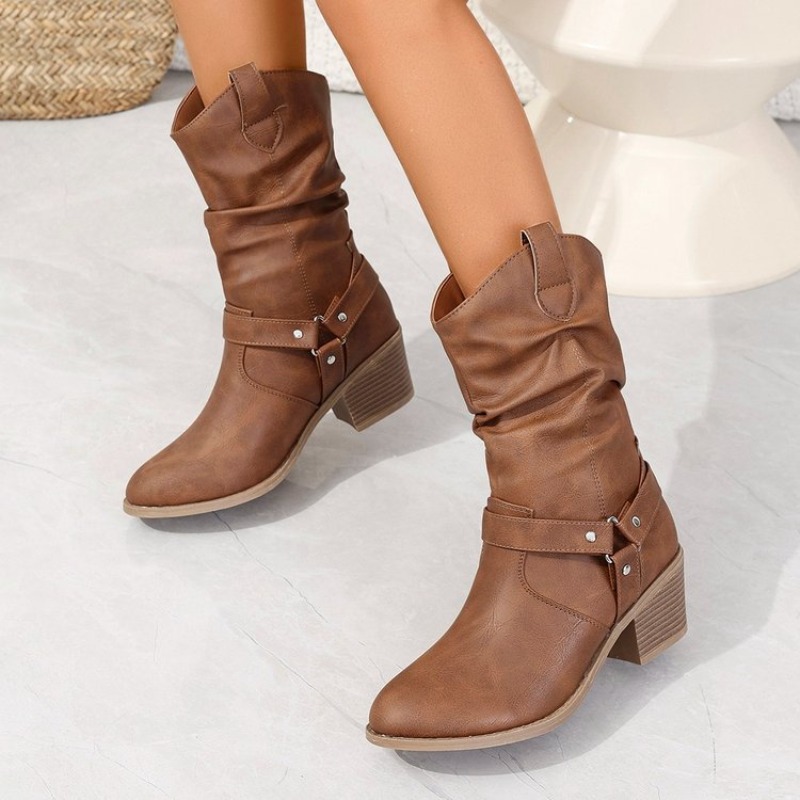 レディースミッドカーフブーツ レトロ スタックド ショートブ - Ethnic Fashion For Women のレビューと価格